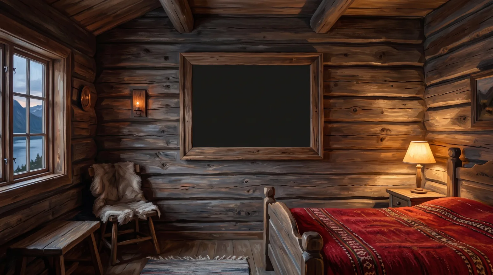 Et lunt hotellrom med tømmervegger
